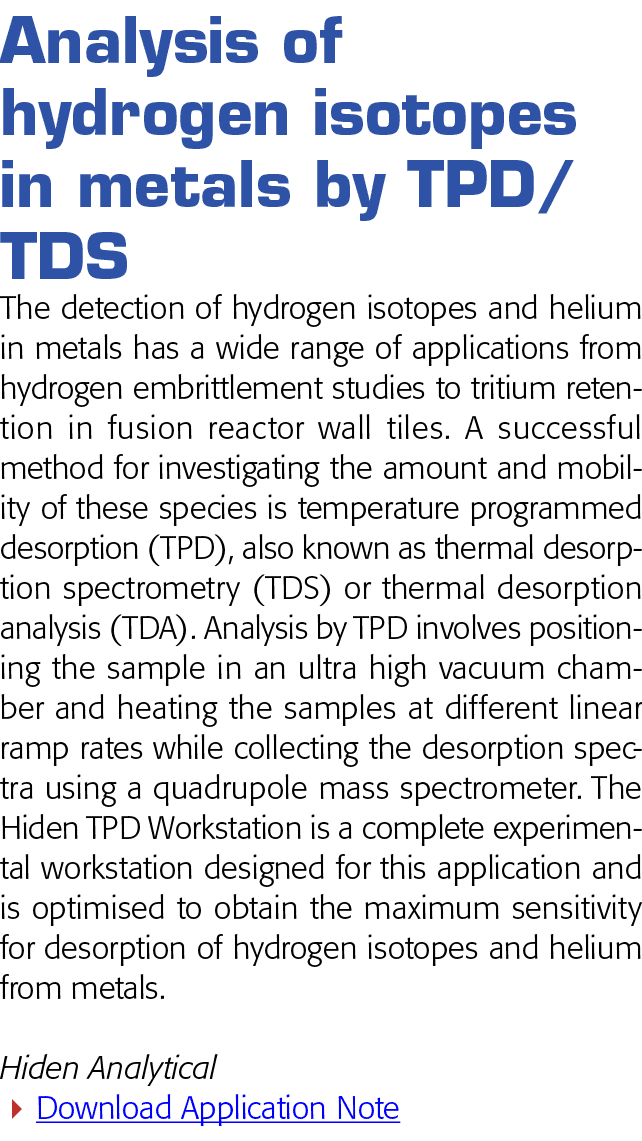  Analysis of hydrogen isotopes in metals by TPD TDS The detection of hydrogen isotopes and helium in metals has a wid   