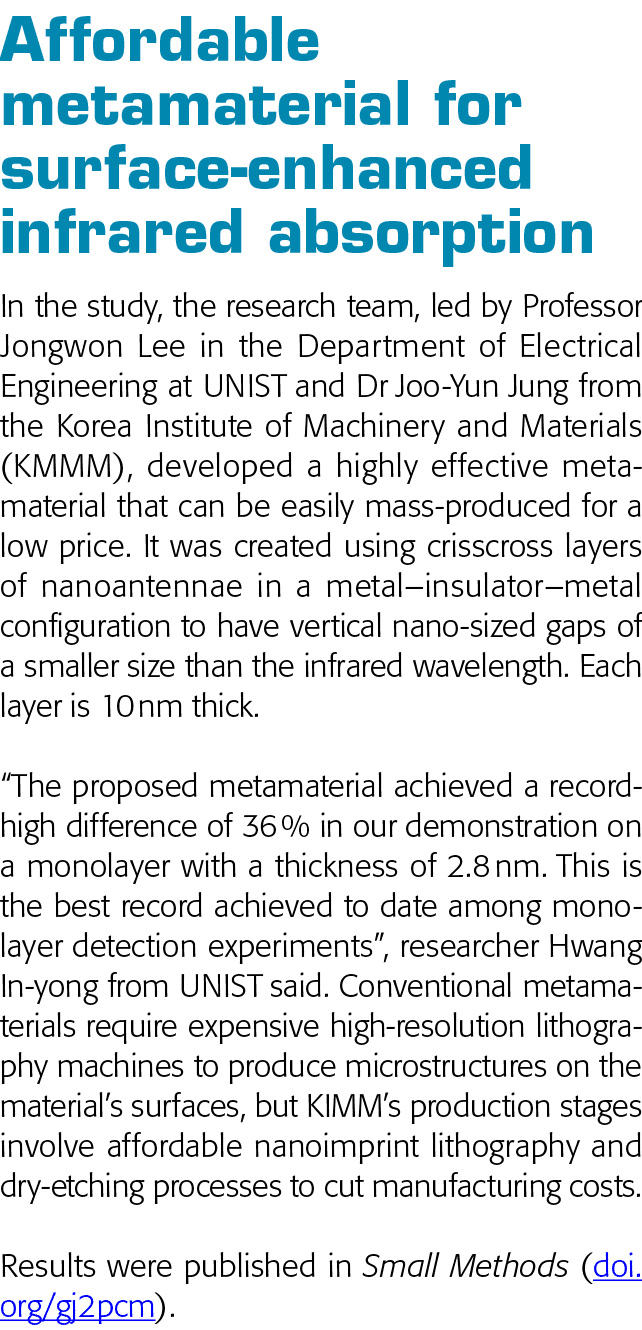  Affordable metamaterial for surface-enhanced infrared absorption In the study, the research team, led by Professor J   