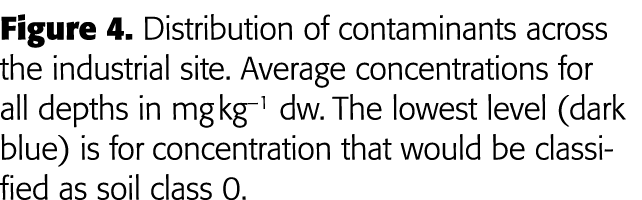 Figure 4  Distribution of contaminants across the industrial site  Average concentrations for all depths in mg kg 1     