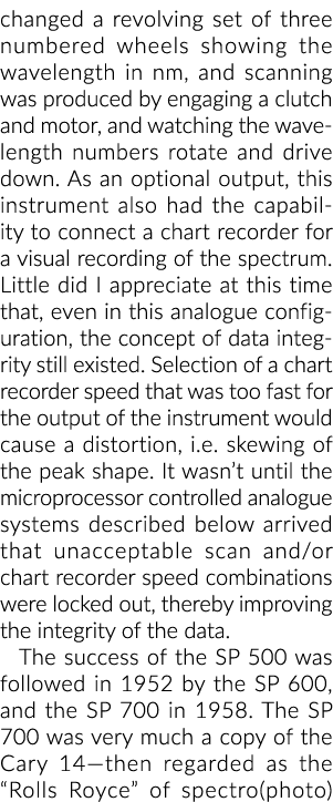 changed a revolving set of three numbered wheels showing the wavelength in nm, and scanning was produced by engaging    