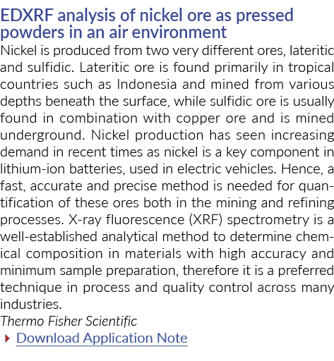 EDXRF analysis of nickel ore as pressed powders in an air environment Nickel is produced from two very different ores   
