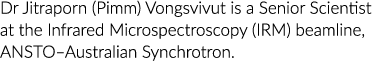Dr Jitraporn (Pimm) Vongsvivut is a Senior Scientist at the Infrared Microspectroscopy (IRM) beamline, ANSTO Australi   