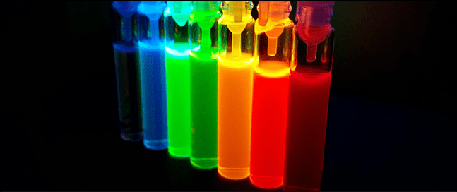 Glass tubes with quantum dots of perovskite nanocrystals, luminescing with all colors of the rainbow under ultraviolet radiation