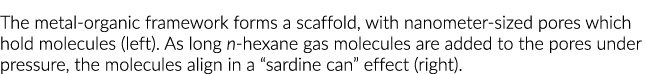 The metal-organic framework forms a scaffold, with nanometer-sized pores which hold molecules (left)  As long n-hexan   