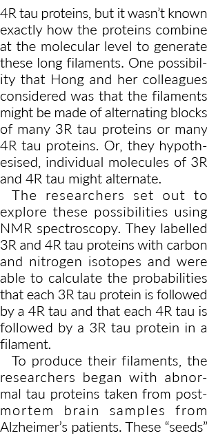 4R tau proteins, but it wasn t known exactly how the proteins combine at the molecular level to generate these long f   