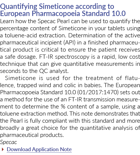 Quantifying Simeticone according to European Pharmacopoeia Standard 10.0 Learn how the Specac Pearl can be used to qu...