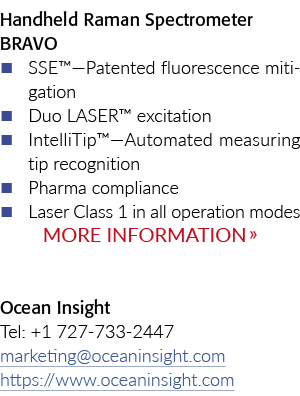 Handheld Raman Spectrometer BRAVO � SSE™—Patented fluorescence mitigation � Duo LASER™ excitation � IntelliTip™—Autom...