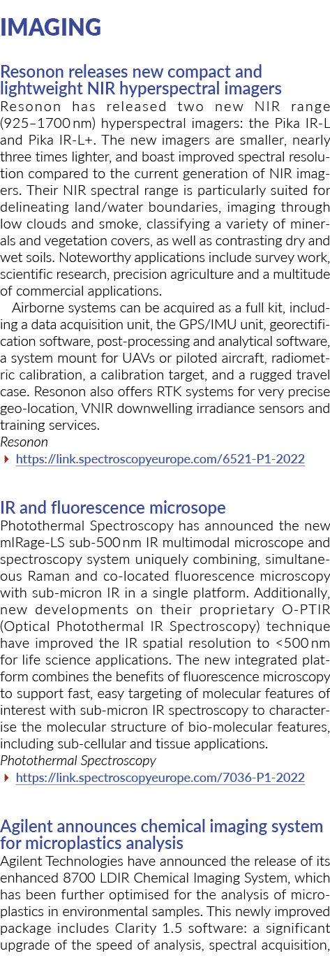 Imaging Resonon releases new compact and lightweight NIR hyperspectral imagers Resonon has released two new NIR range...