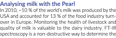 Analysing milk with the Pearl In 2010, ~10 % of the world’s milk was produced by the USA and accounted for 13 % of th...