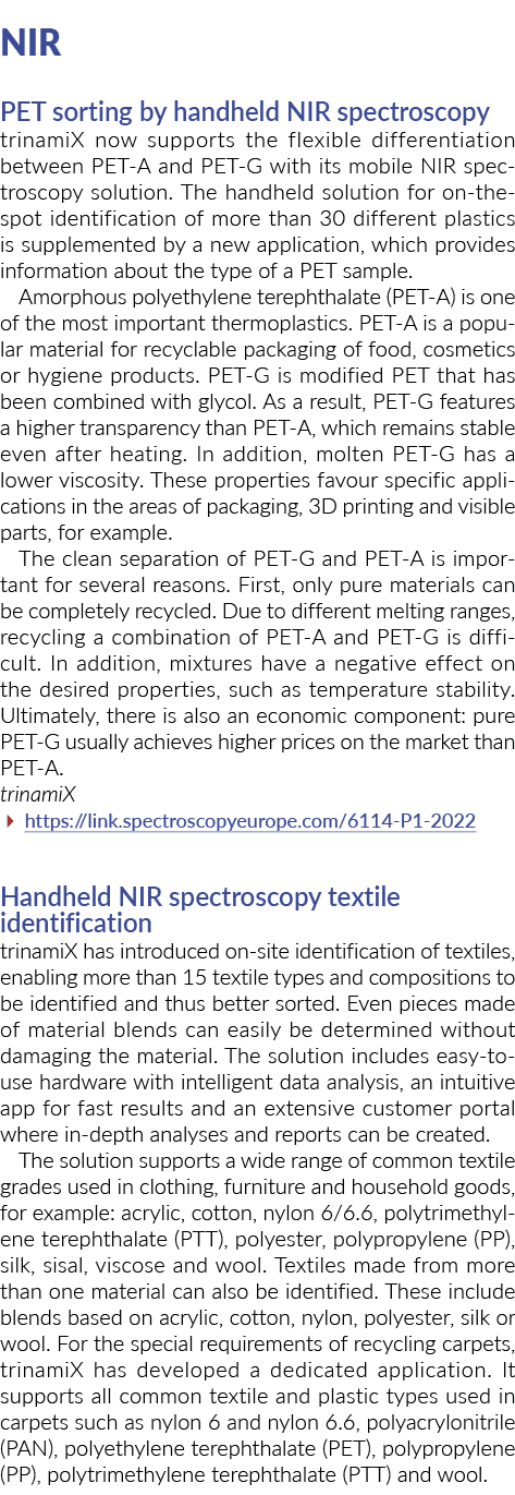 NIR PET sorting by handheld NIR spectroscopy trinamiX now supports the flexible differentiation between PET A and PET...