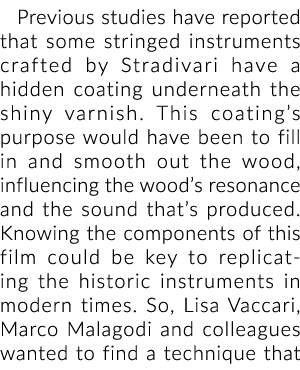 Previous studies have reported that some stringed instruments crafted by Stradivari have a hidden coating underneath ...