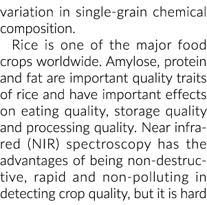 variation in single grain chemical composition. Rice is one of the major food crops worldwide. Amylose, protein and f...