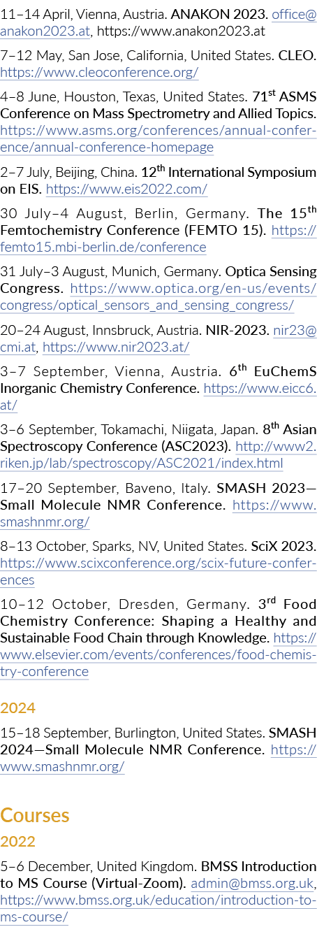 11–14 April, Vienna, Austria. ANAKON 2023. office@anakon2023.at, https://www.anakon2023.at 7–12 May, San Jose, Califo...