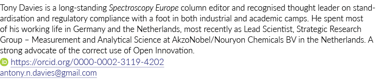Tony Davies is a long standing Spectroscopy ­Europe column editor and recognised thought leader on standardisation an...