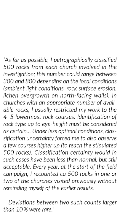 “As far as possible, I petrographically classified 500 rocks from each church involved in the investigation; this num...