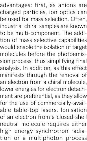 advantages: first, as anions are charged particles, ion optics can be used for mass selection. Often, industrial chir...