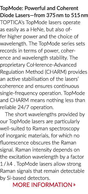 TopMode: Powerful and Coherent Diode Lasers—from 375 nm to 515 nm TOPTICA’s TopMode lasers operate as easily as a HeN...