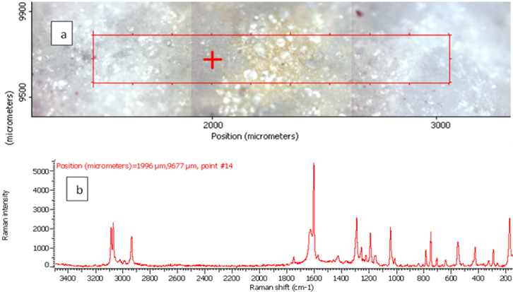 Raman photo surface, Raman imaging and Raman spectrum of aspirin tablet after exposure to plasma flame for 30 s.