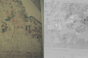 The upper cloister of Brandenburg Cathedral: Details of the wall frescos such as horses are now coming to light in spots where only traces of pigments had been discernible (left). A hyperspectral camera with specially engineered software has revealed the images (right). © Fraunhofer IFF
