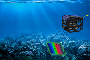 Depiction of underwater robot scanning a reef.