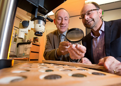 Photo of Kenneth Sheedy and Gil Davis examining ancient coins.