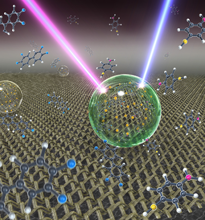 Artistic illustration showing an ultrasensitive detection platform termed slippery liquid infused porous surface-enhanced Raman scattering (SLIPSERS). In this platform, an aqueous or oil droplet containing gold nanoparticles and captured analytes is allowed to evaporate on a slippery substrate, leading to the formation of a highly compact nanoparticle aggregate for surface enhanced Raman scattering (SERS) detection. Image: Shikuan Yang, Birgitt Boschitsch Stogin and Tak-Sing Wong/Penn State