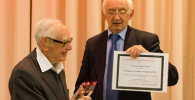 Photo of Norman Sheppard FRS receiving the first Award from Geoff Dent